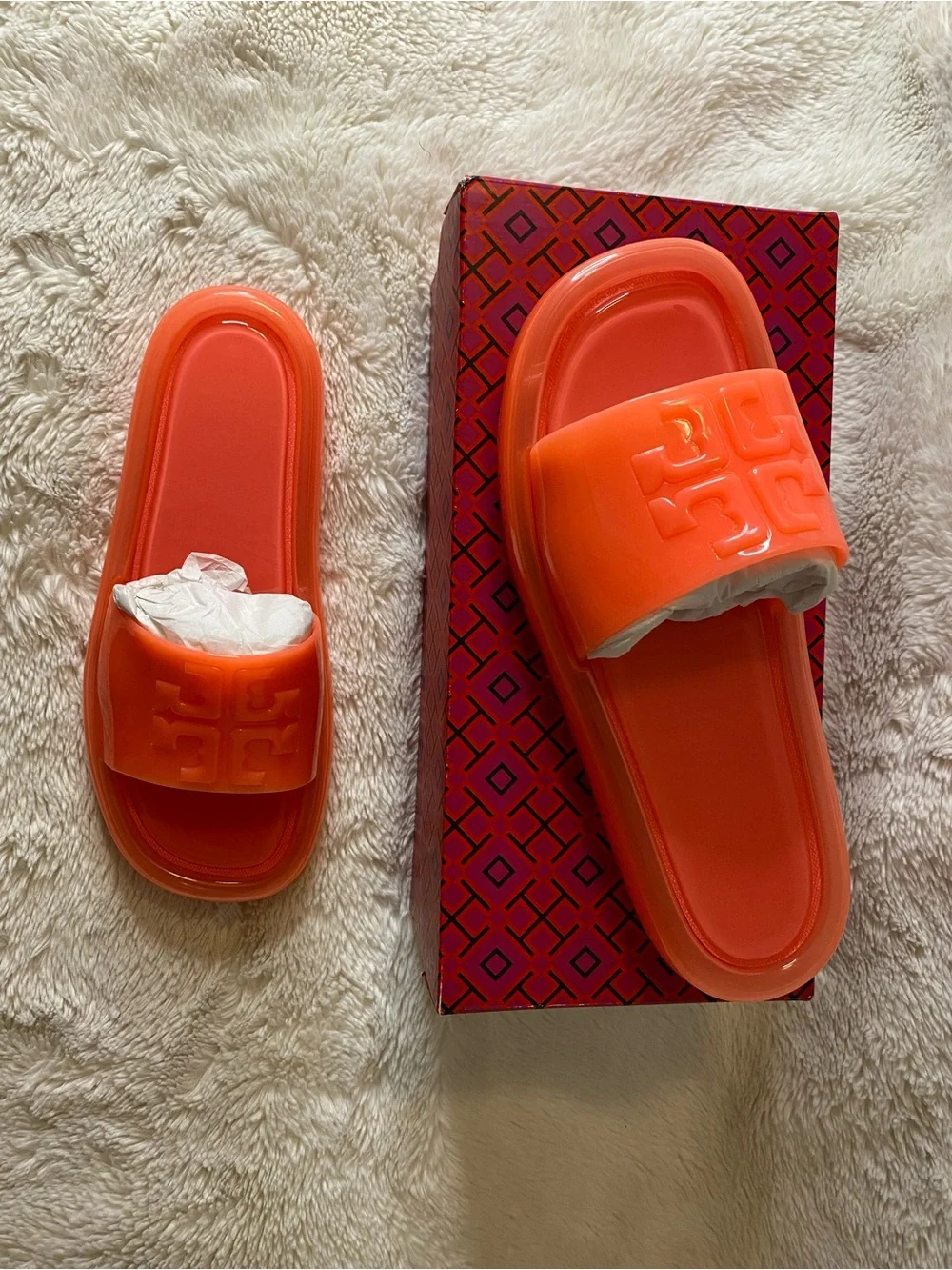 Tory Burch Fluorescent Pink/Orange Logo Jelly Slides